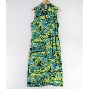 Vintage AKS Amy K Su Maxi Dress Womens Sz 12 Blue Green Leaf Print Lyocell Blend